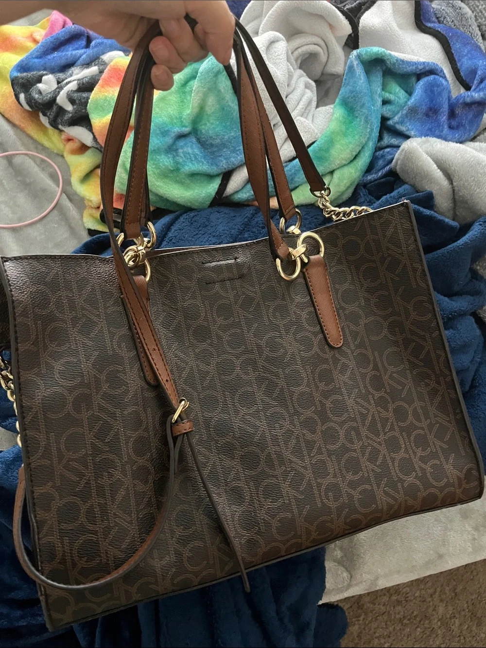 Calvin Klein Dark Brown Monogram Tote with Tan Trim like new